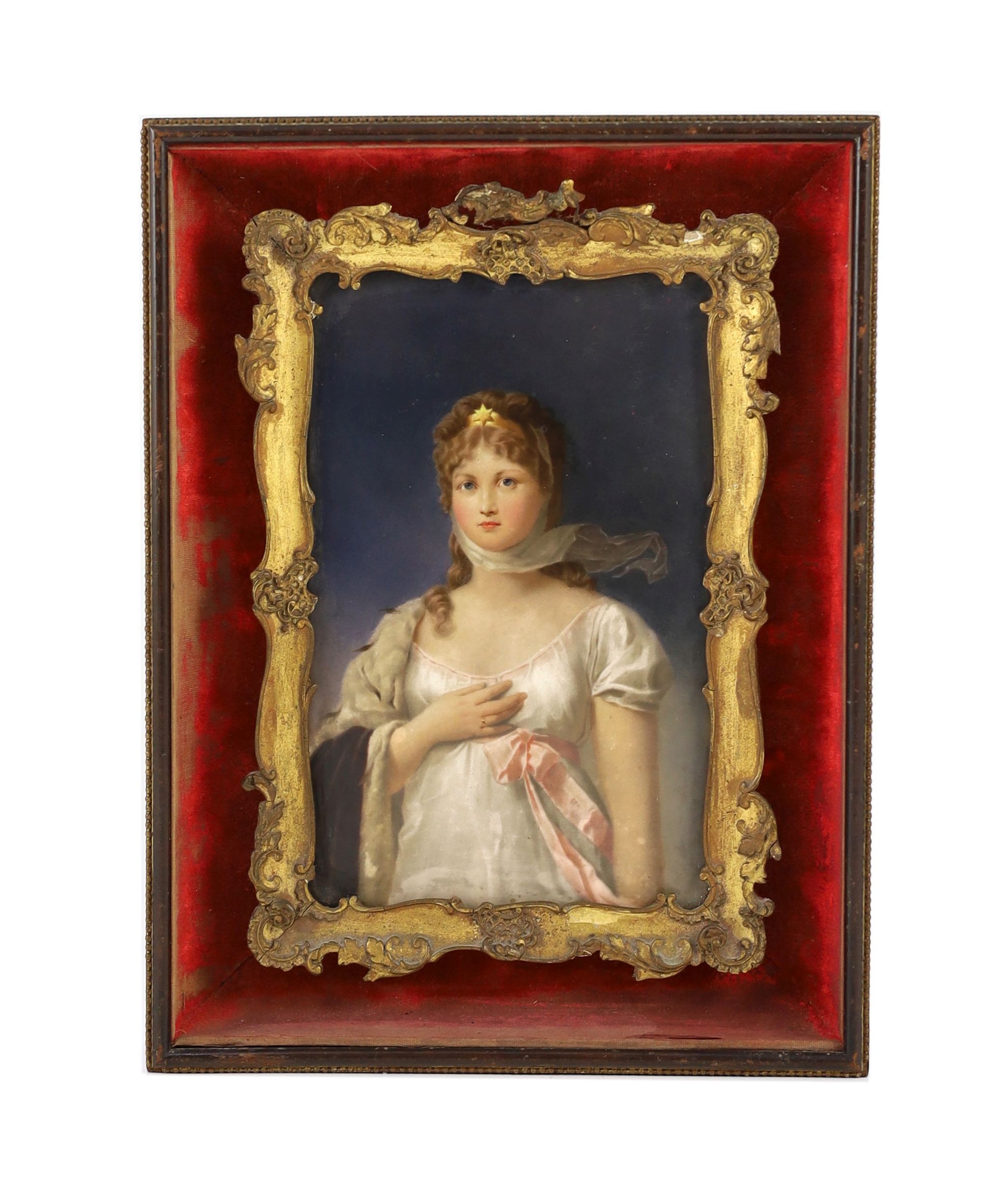 A KPM Berlin porcelain plaque painted with the Queen of Prussia, Louise of Mecklenburg-Strelitz, late 19th century, Plaque 18.5 cm x 12 cm, grubby image